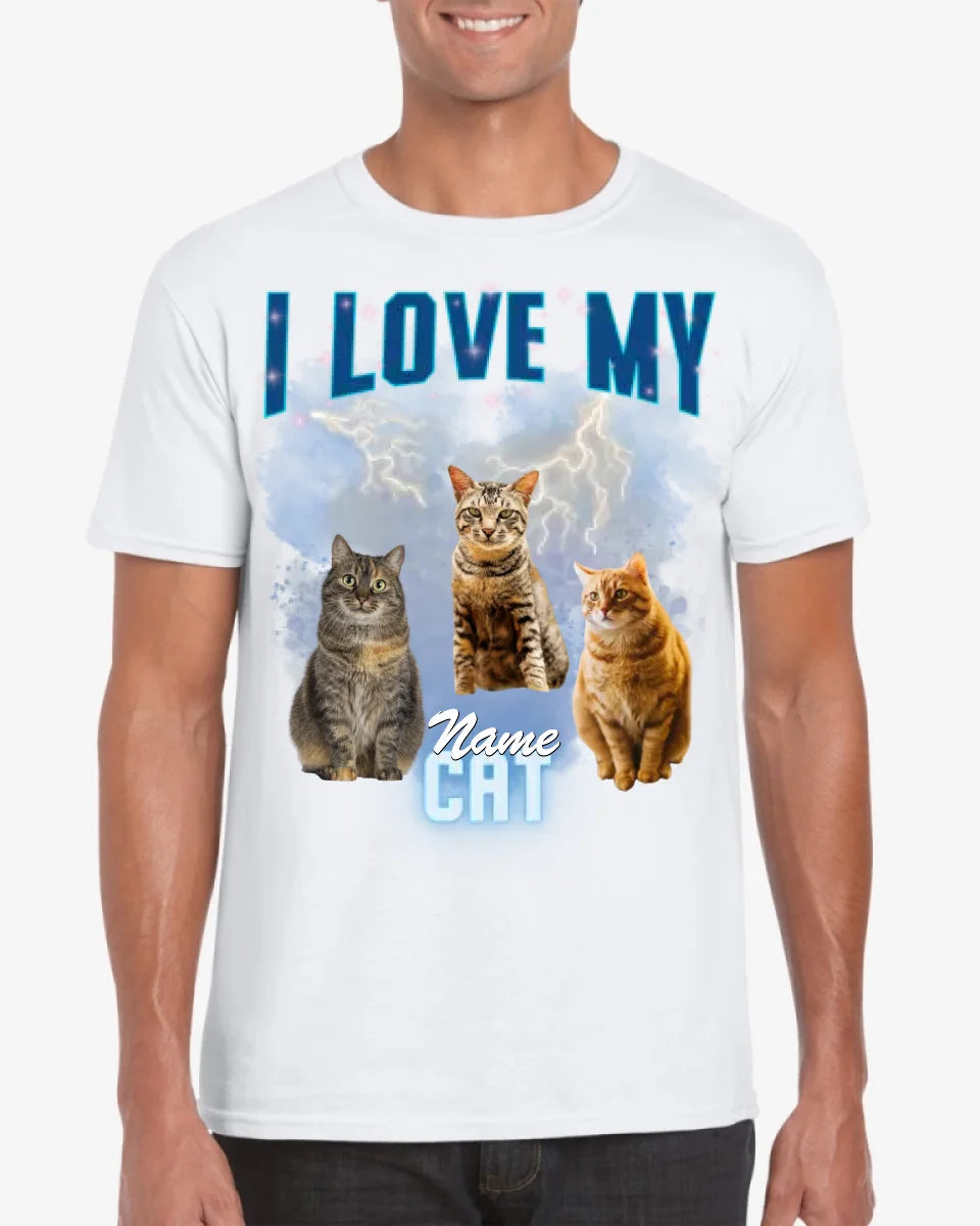 J'aime mon chat vintage des années 90 - T-shirt photo personnalisé (100% coton, unisexe)
