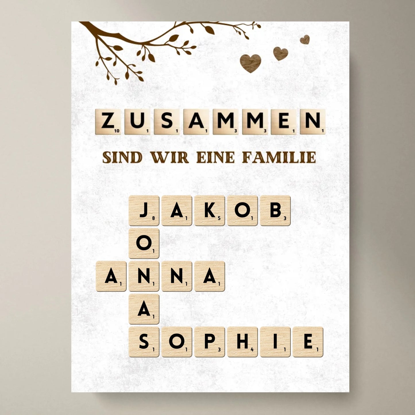 Toile Scrabble personnalisée avec les noms de toute votre famille - "Ensemble nous sommes une famille"