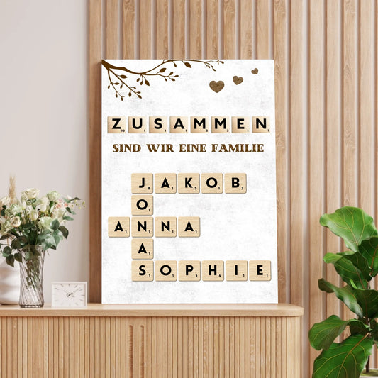 Toile Scrabble personnalisée avec les noms de toute votre famille - "Ensemble nous sommes une famille"
