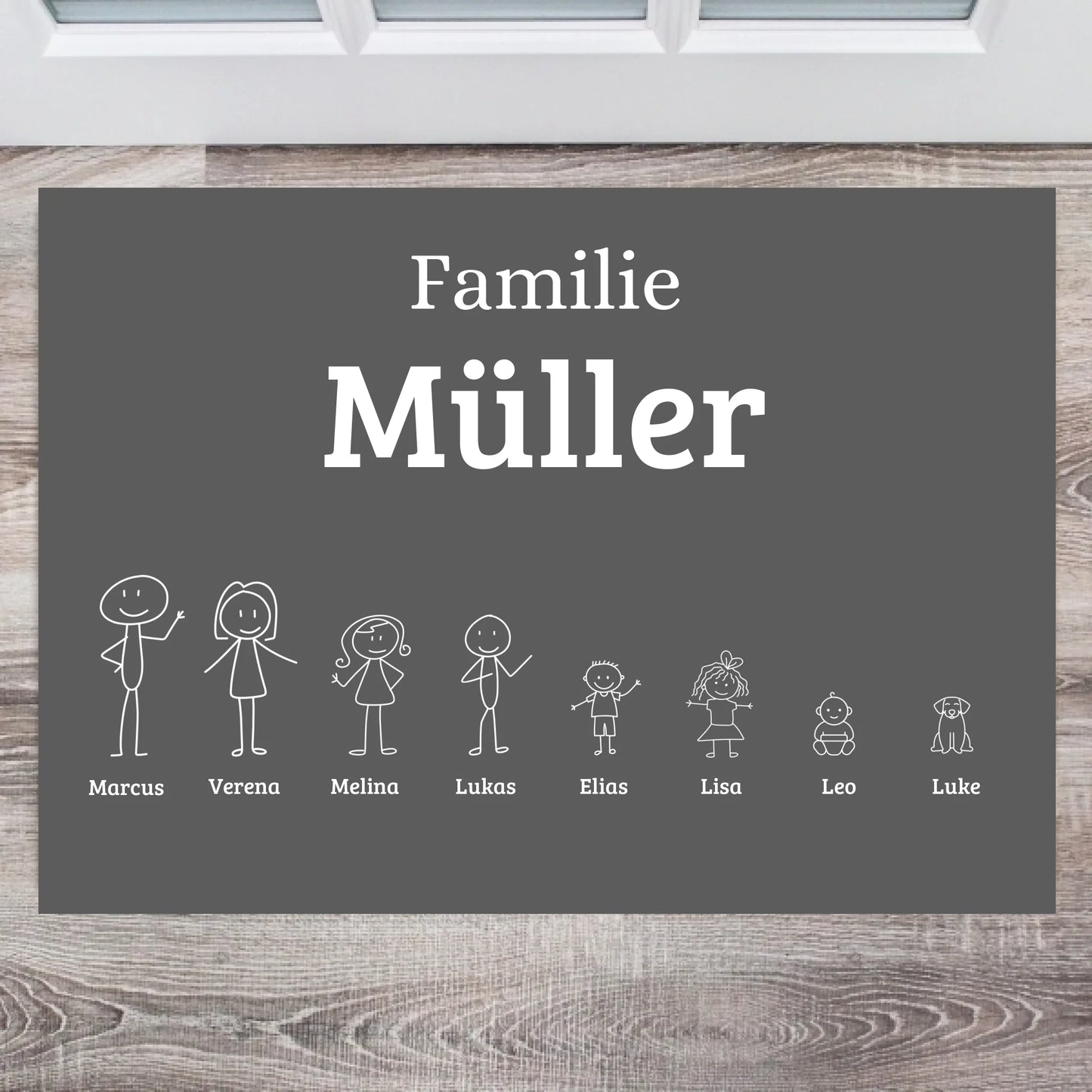 Famille de bonhommes allumettes - Paillasson personnalisé avec toute la famille (enfants, animaux)