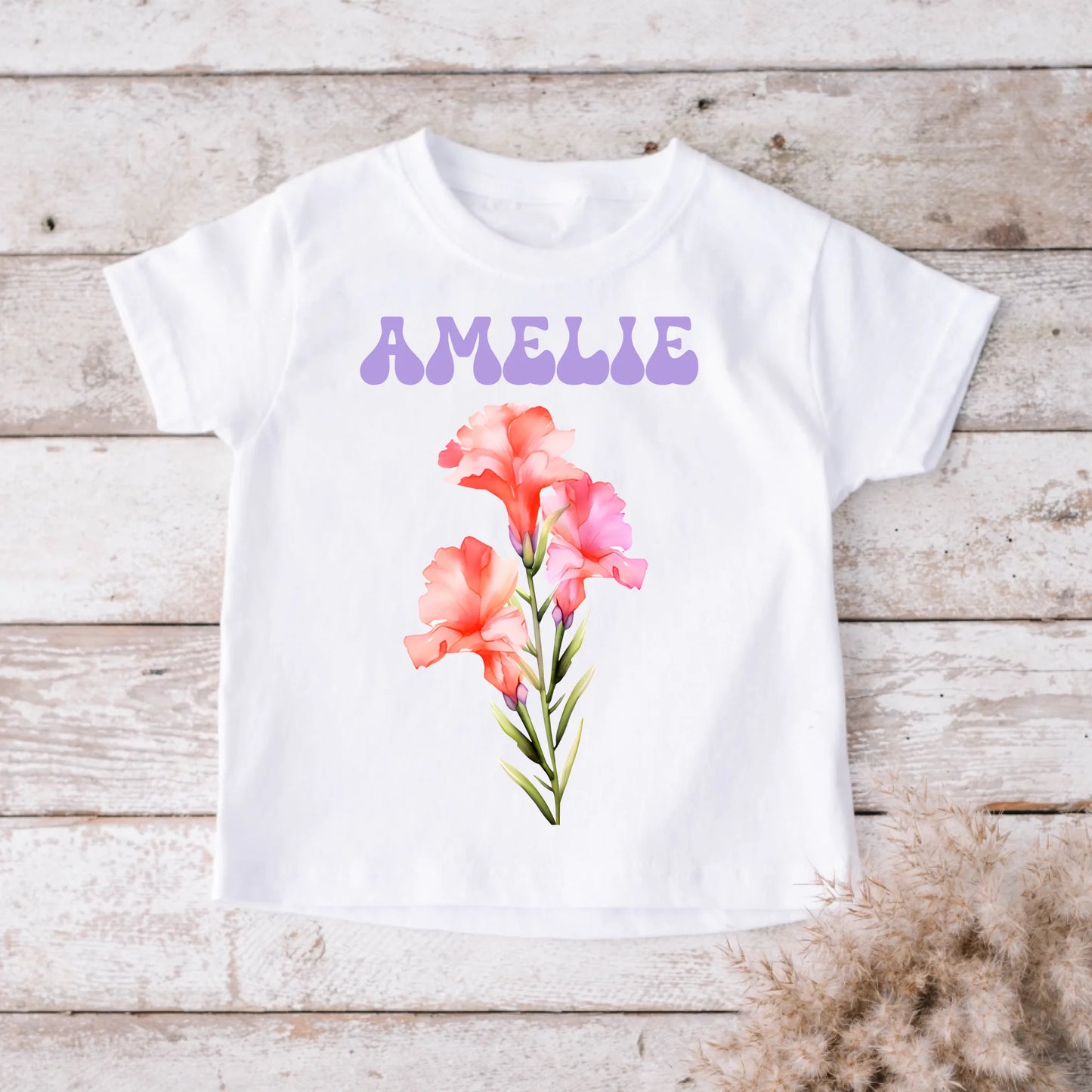 Gepersonaliseerd geboortebloem-T-shirt voor kinderen, studenten en de eerste schooldag (100% katoen)