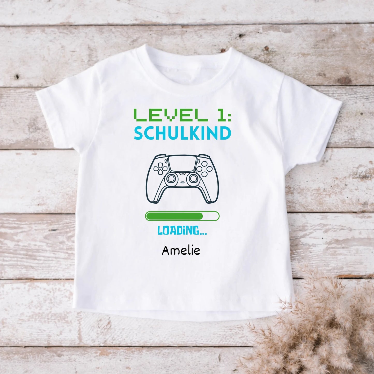 Niveau 1 Schoolkind - Gepersonaliseerd T-shirt voor kinderen voor hun eerste schooldag (100% katoen)