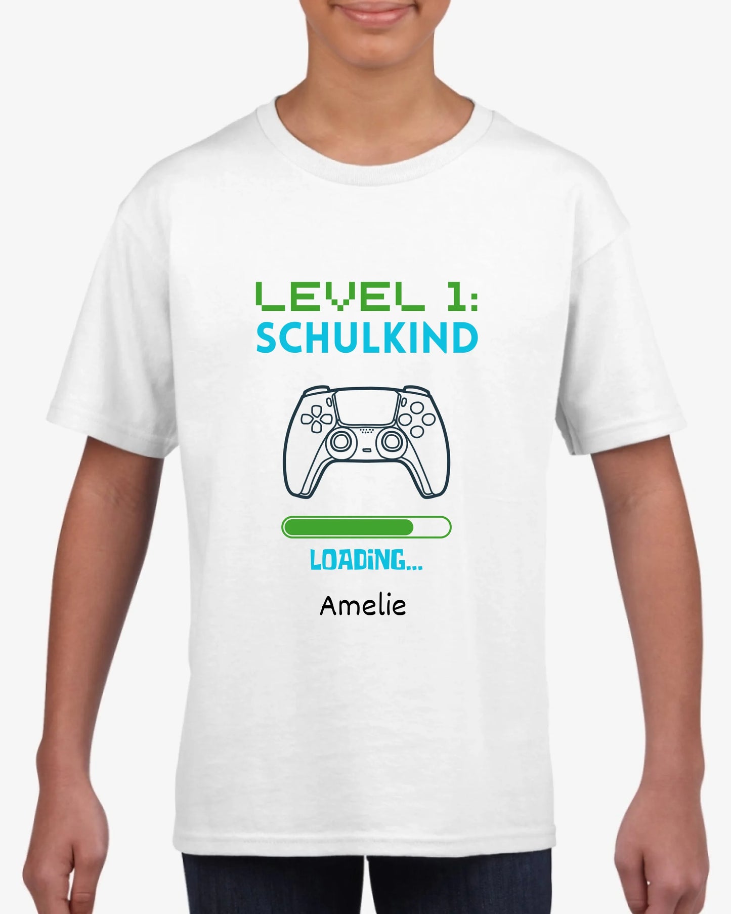 Niveau 1 Schoolkind - Gepersonaliseerd T-shirt voor kinderen voor hun eerste schooldag (100% katoen)