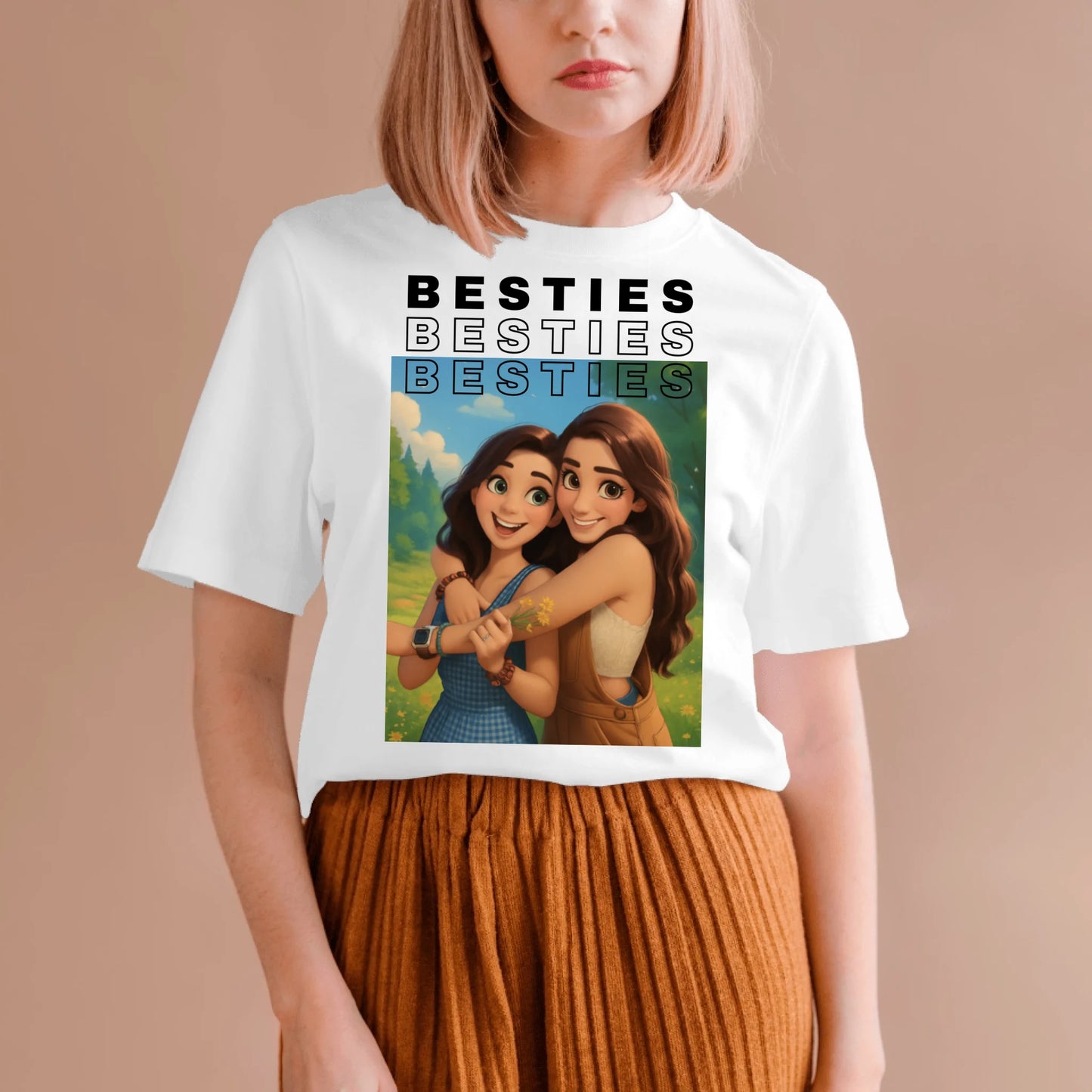 Image en dessin animé/BD/animation - T-shirt photo personnalisé Besties (100 % coton, unisexe)