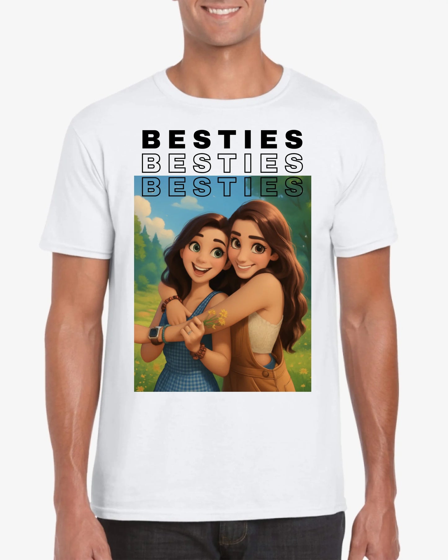 Image en dessin animé/BD/animation - T-shirt photo personnalisé Besties (100 % coton, unisexe)
