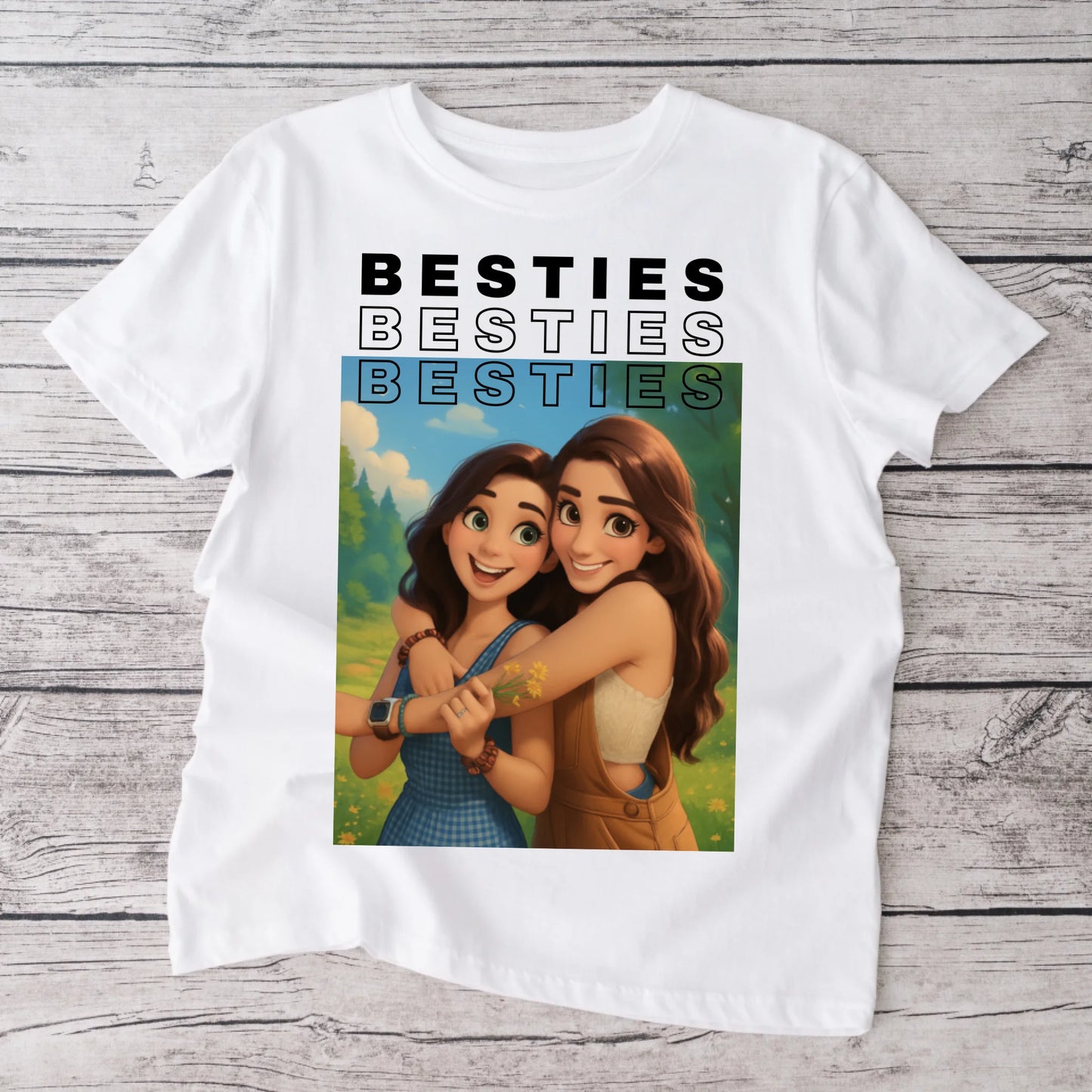 Image en dessin animé/BD/animation - T-shirt photo personnalisé Besties (100 % coton, unisexe)