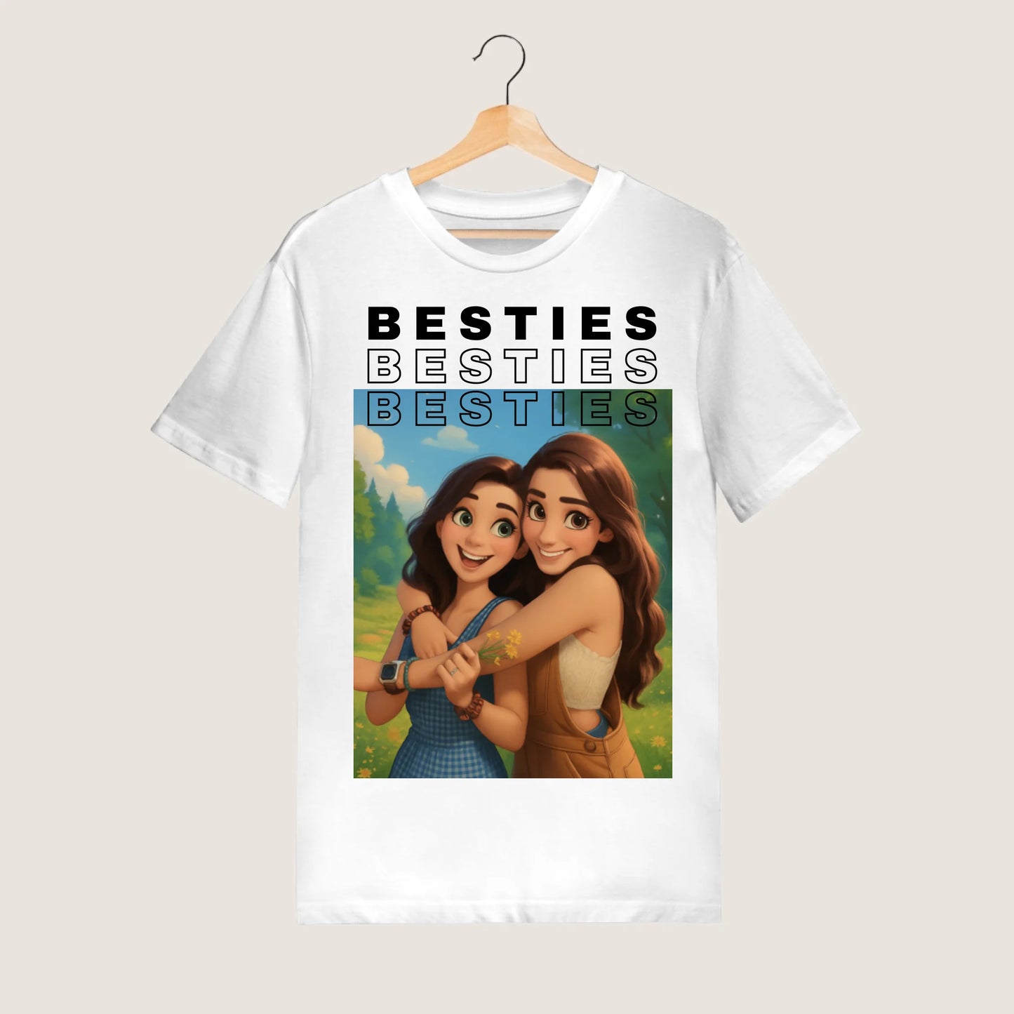 Image en dessin animé/BD/animation - T-shirt photo personnalisé Besties (100 % coton, unisexe)