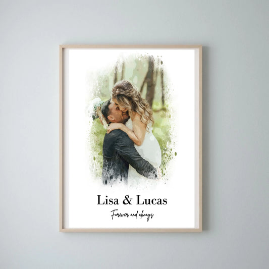 Poster photo aquarelle personnalisé pour couple - Poster individuel avec ou sans cadre