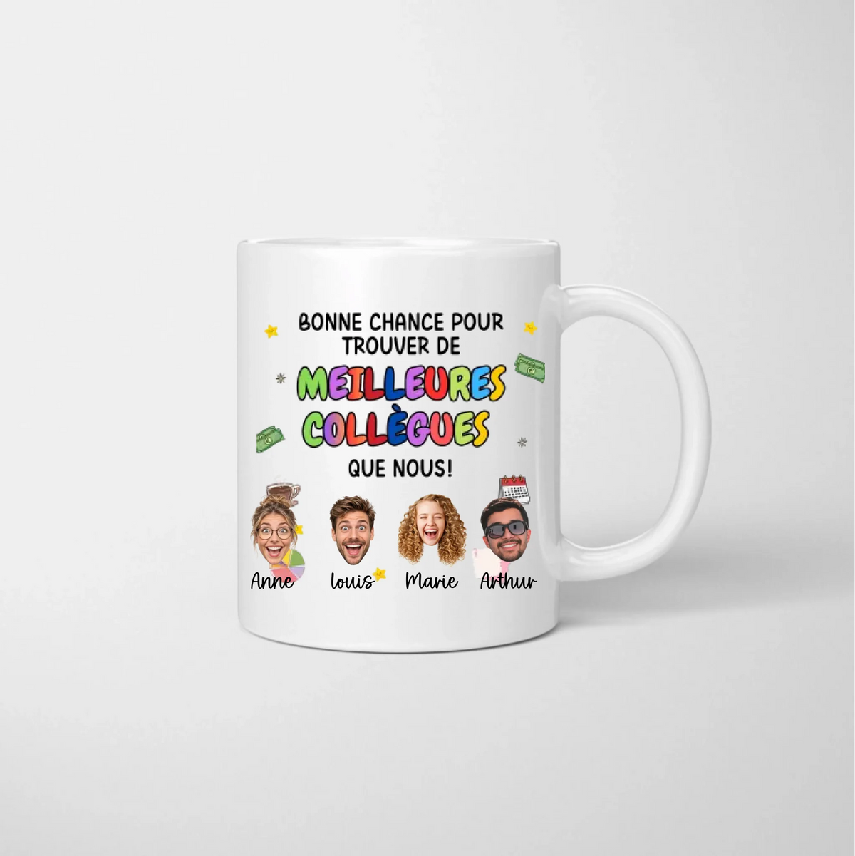 Mug d'adieu personnalisé « Bonne chance » pour collègues, avec visages découpés