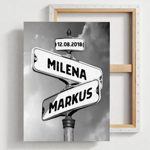 Vintage straatnaambord voor echtparen - Gepersonaliseerde poster of canvas zwart-wit