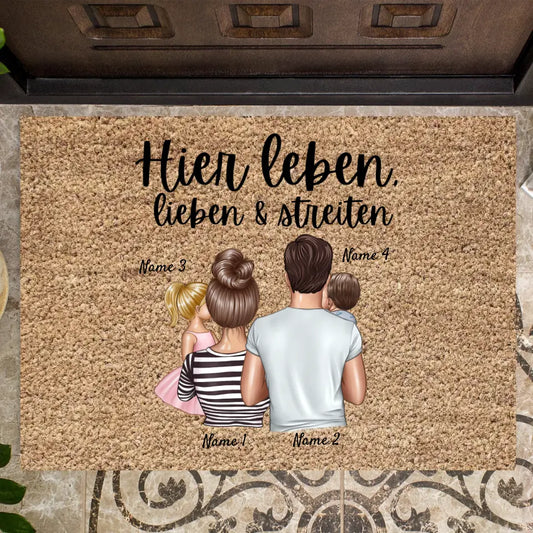 Vivre, aimer & se disputer ici - Paillasson personnalisé avec toute la famille (1-4 enfants)