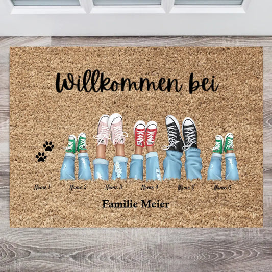 Bienvenue dans notre famille - Paillasson familial personnalisé (2-8 personnes, enfants & animaux)