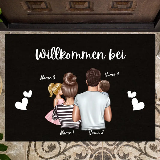 "Welkom bij ons thuis" Gepersonaliseerde familie deurmat zwart (tot 4 kinderen)