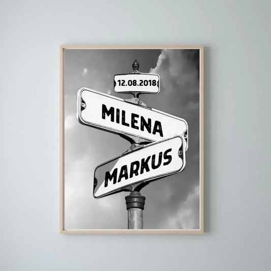 Vintage straatnaambord voor echtparen - Gepersonaliseerde poster of canvas zwart-wit