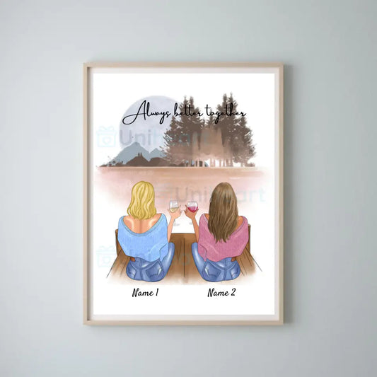 Vriendinnen/zussen met drankje - Gepersonaliseerde Digitale Afbeelding (2-4 Vrouwen)