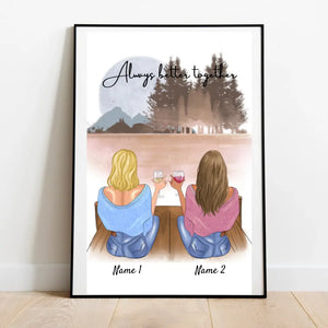 Beste vriendinnen/zussen met drankje - Gepersonaliseerde canvas (2-4 vrouwen)