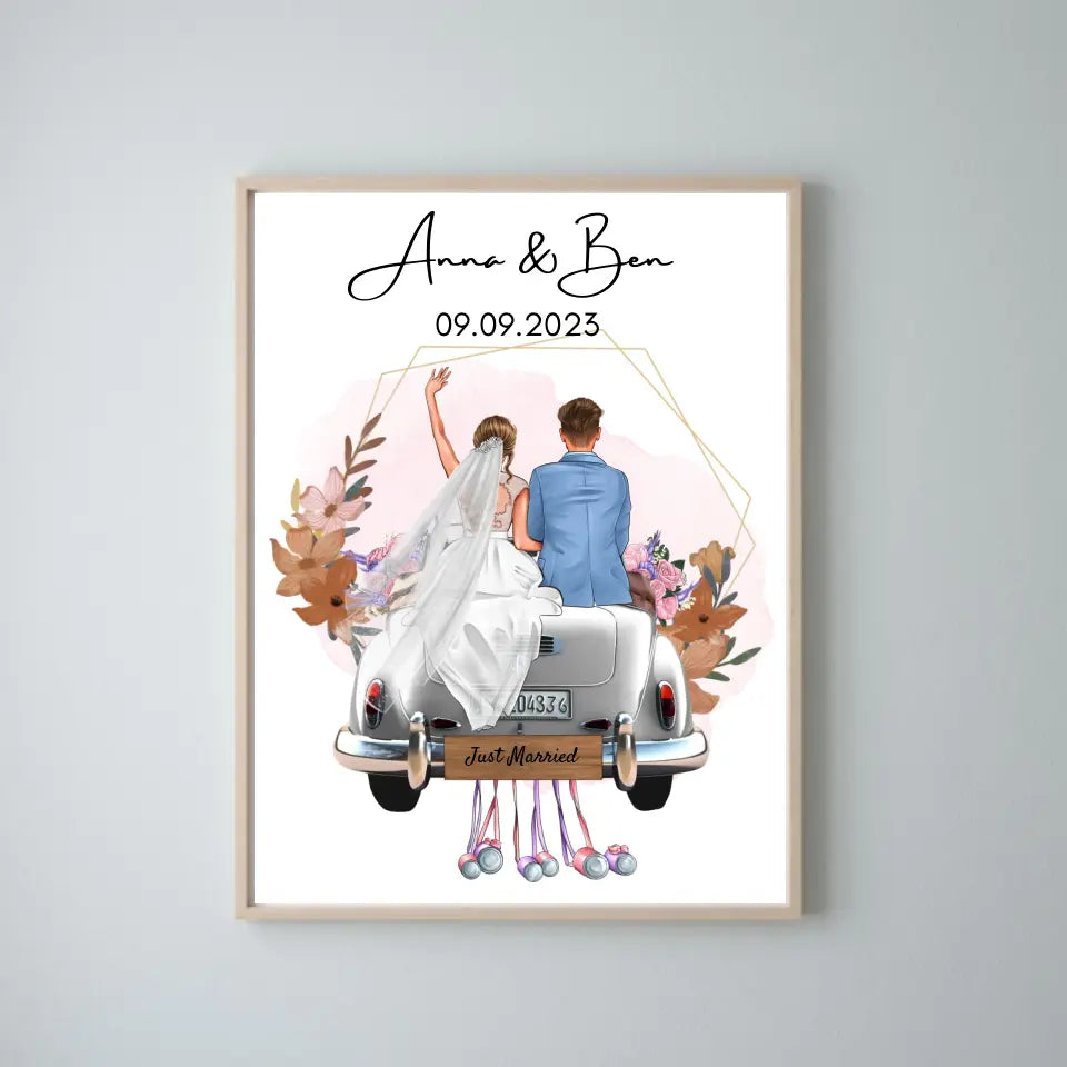 "Just Married" Gepersonaliseerde huwelijksposter - Voor getrouwde stellen, bruid & bruidegom, geldcadeau, huwelijkscadeau