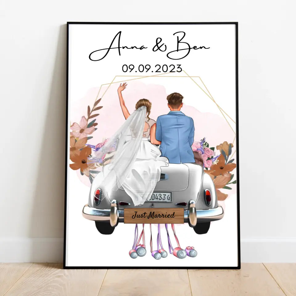 "Just Married" Gepersonaliseerde huwelijksposter - Voor getrouwde stellen, bruid & bruidegom, geldcadeau, huwelijkscadeau