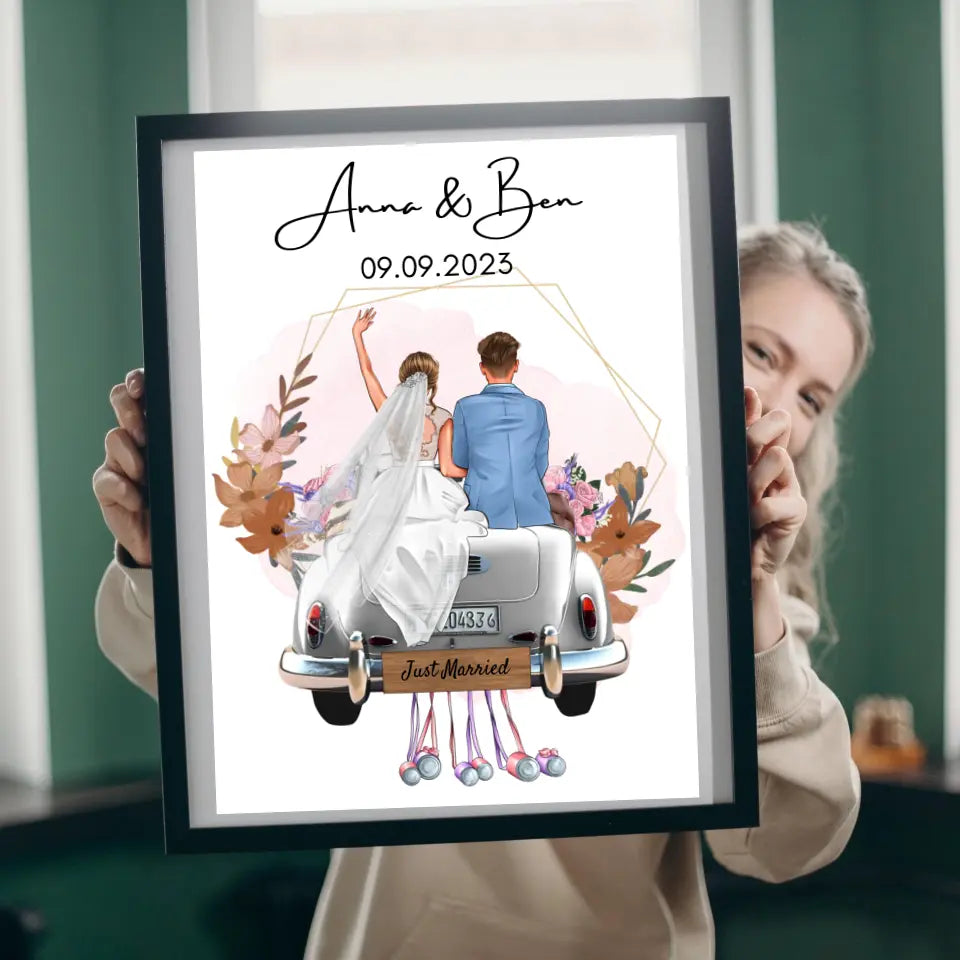 "Just Married" Gepersonaliseerde huwelijksposter - Voor getrouwde stellen, bruid & bruidegom, geldcadeau, huwelijkscadeau