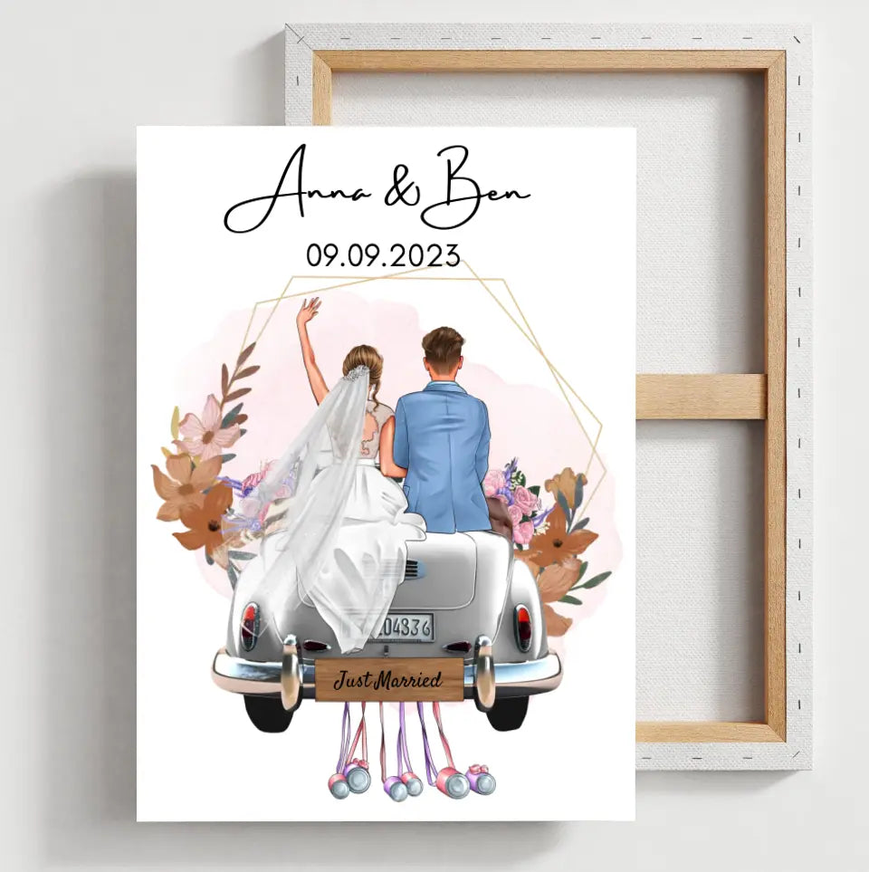 "Just Married" Gepersonaliseerde poster met frame voor bruiloft - voor getrouwde stellen, bruid en bruidegom, geldcadeau, huwelijkscadeau 