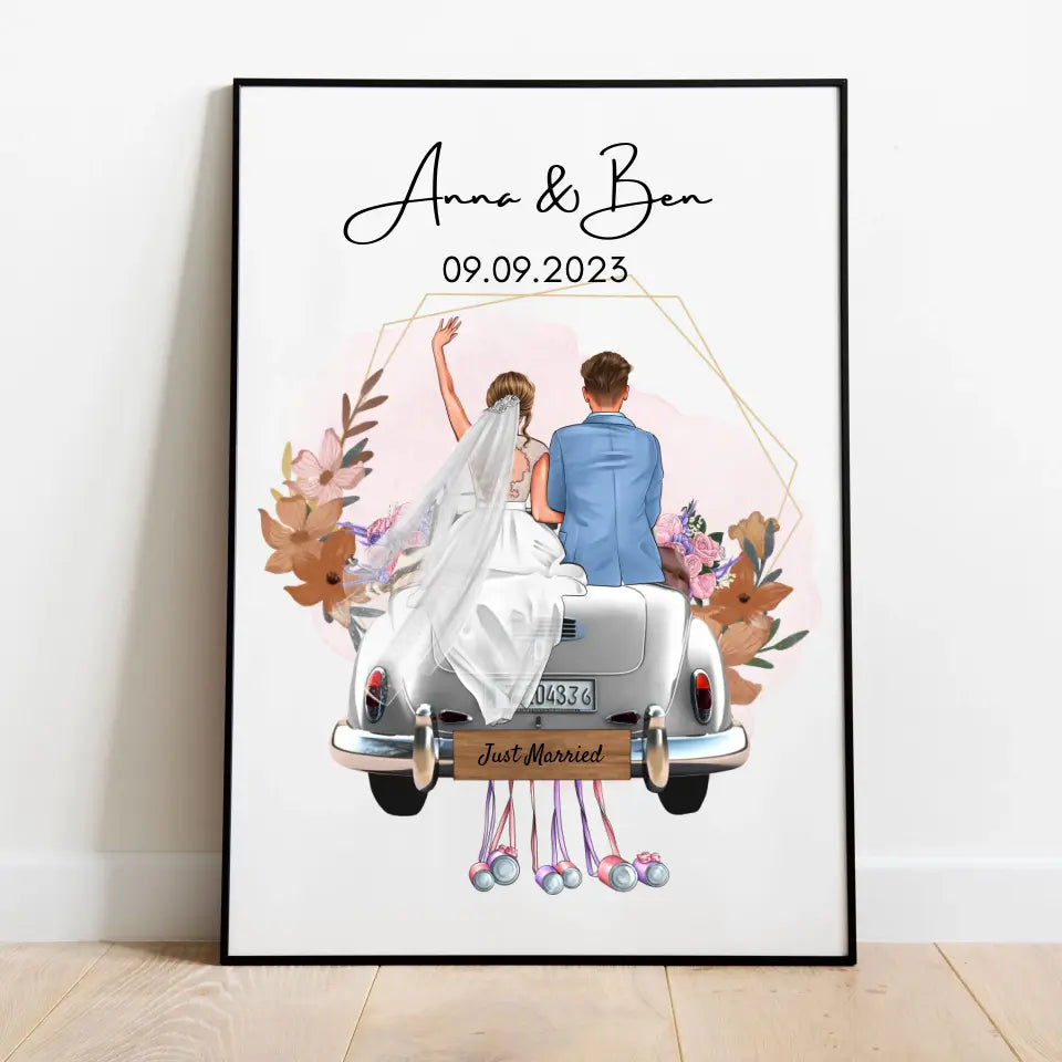 "Just Married" Gepersonaliseerde poster met frame voor bruiloft - voor getrouwde stellen, bruid en bruidegom, geldcadeau, huwelijkscadeau 