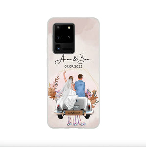 Gepersonaliseerd trouwhoesje voor de telefoon "Just Married" - Voor getrouwde stellen, bruid & bruidegom, huwelijkscadeau