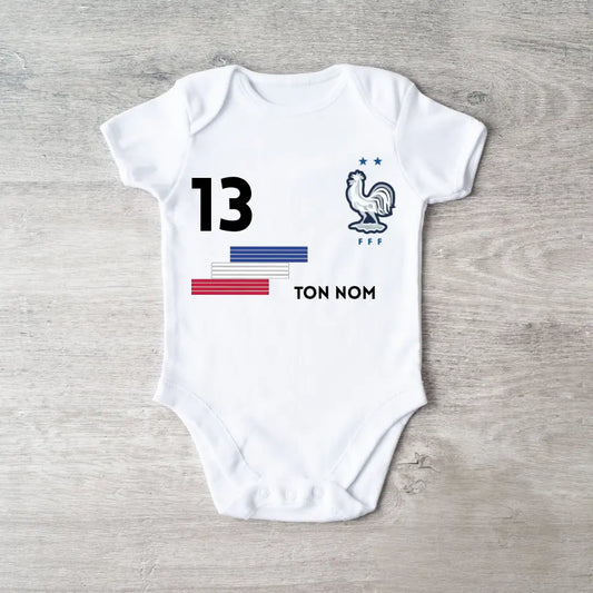 2024 Maillot de foot Euro France - Body baby gepersonaliseerd met naam en nummer van gepersonaliseerde maillot, 100% biologisch katoen