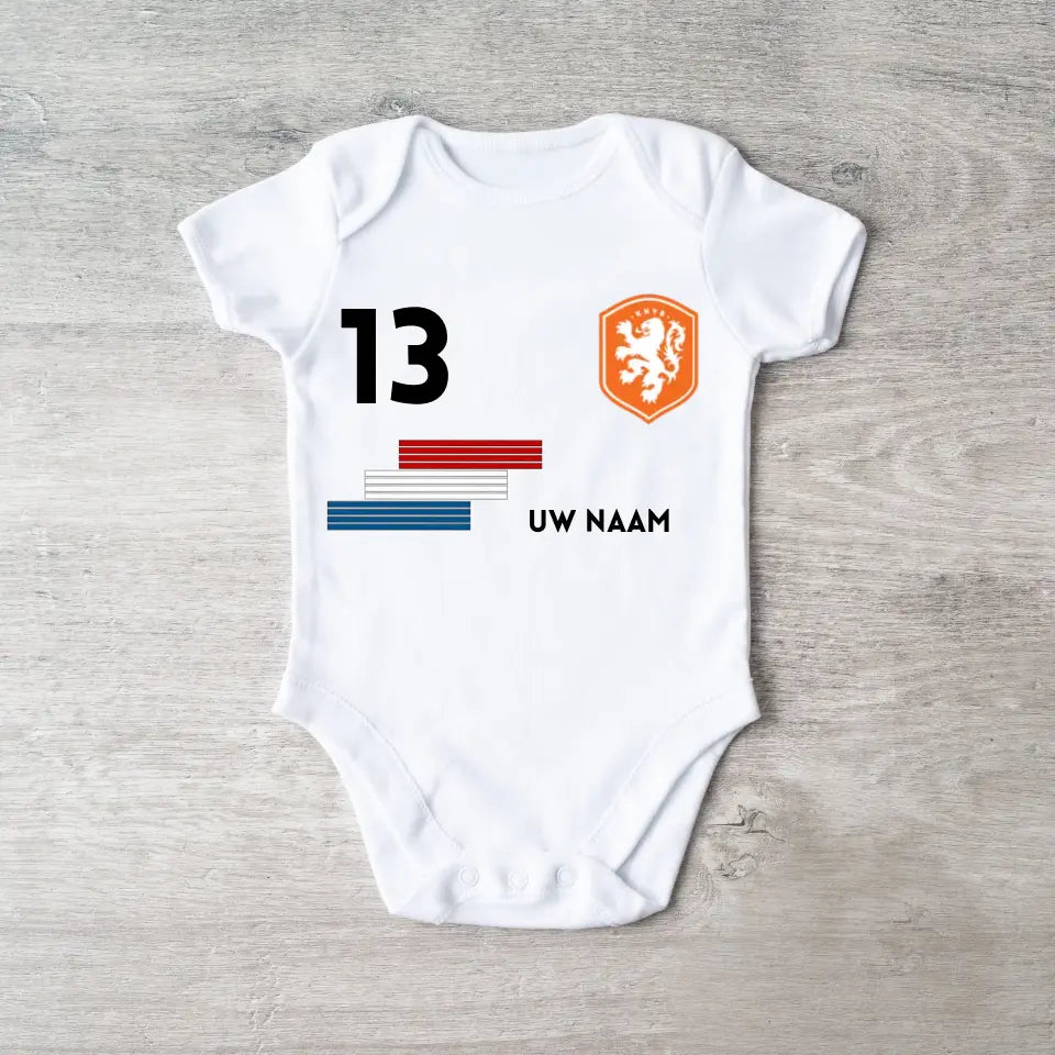 2024 Voetbal EM Nederland - Gepersonaliseerde babyromper, shirt met aanpasbare naam en vloerkleednummer, babyromper van 100% biologisch katoen