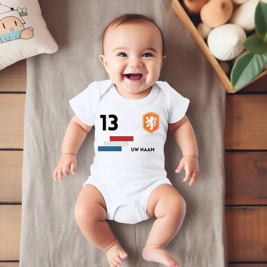 Voetbal Nederland - Barboteuse bébé personnalisée, t-shirt avec nom et numéro de tapis personnalisables, barboteuse bébé 100% coton biologique