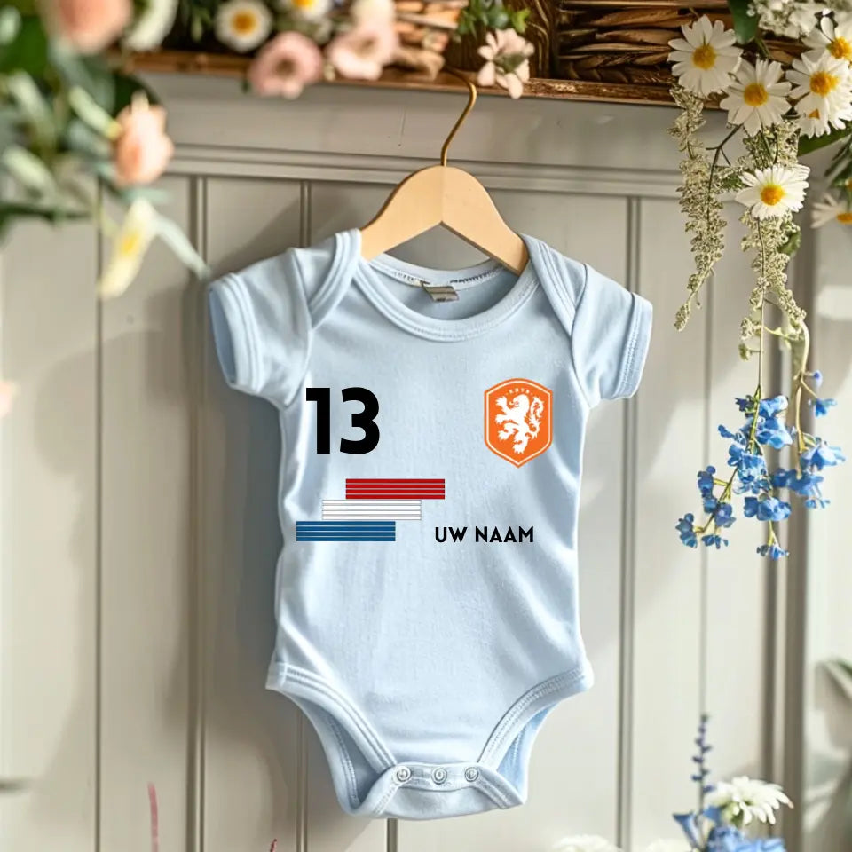 Voetbal Nederland - Barboteuse bébé personnalisée, t-shirt avec nom et numéro de tapis personnalisables, barboteuse bébé 100% coton biologique