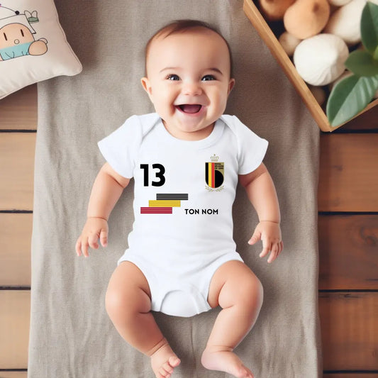 Maillot de foot Belge - Body bébé personnalisé avec nom et numéro de maillot personnalisé, 100% coton bio