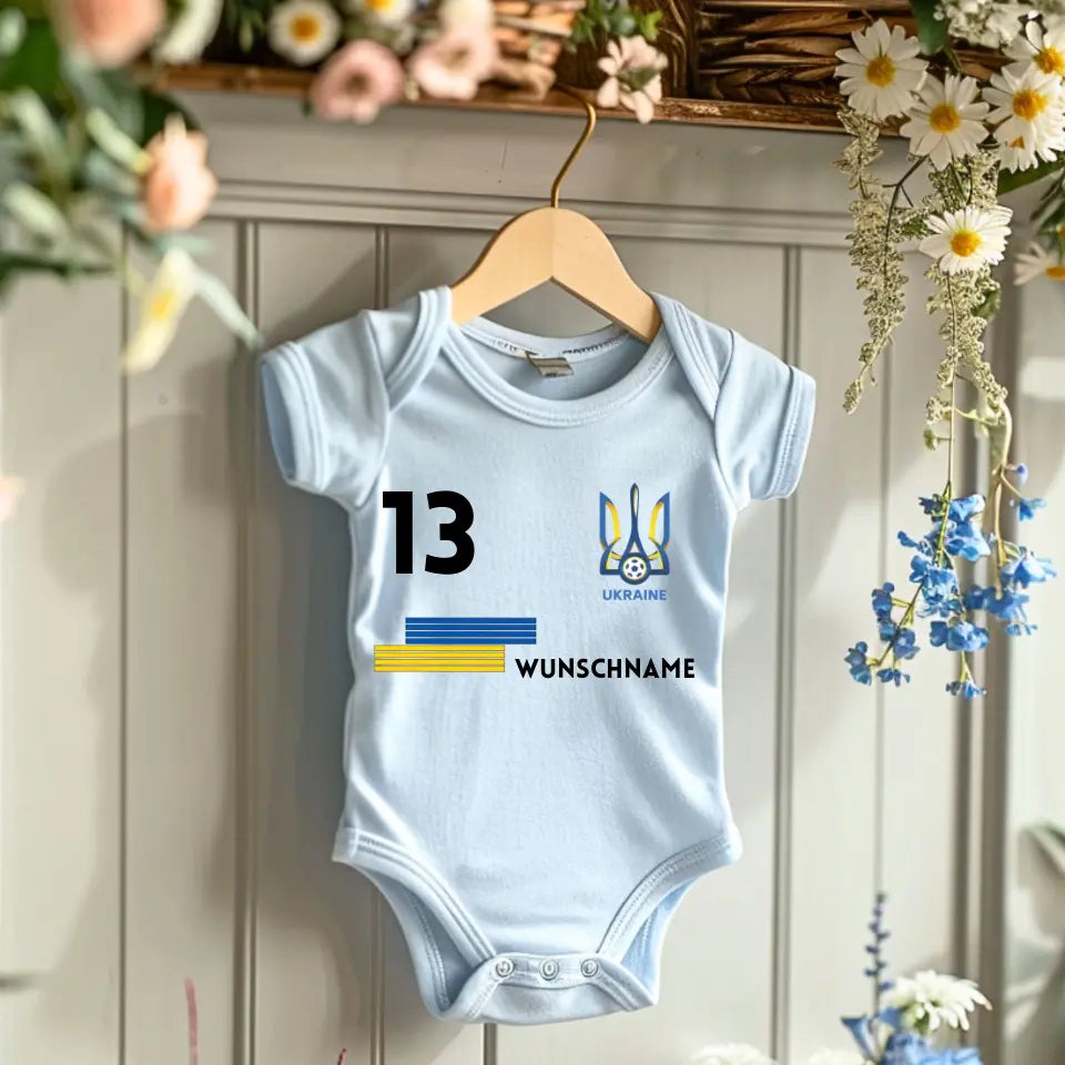 Championnat d'Europe de football 2024 Ukraine - Combinaison/grenouillère personnalisée pour bébé, maillot avec nom et numéro de maillot personnalisables, body pour bébé en coton 100 % biologique