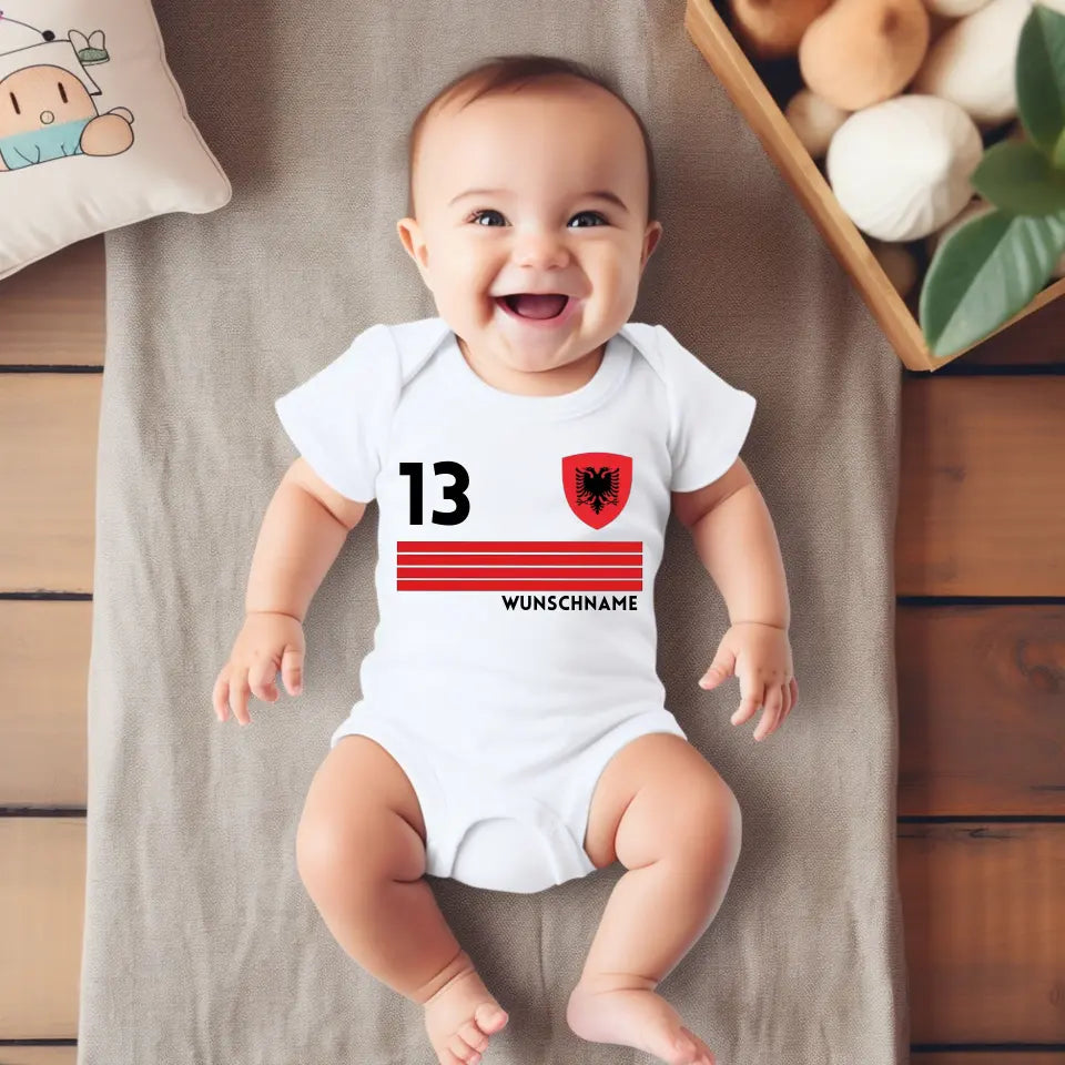 Voetbal Albanië - Gepersonaliseerd baby rompertje/rompertje, shirt met aanpasbare naam en nummer, babyrompertje van 100% biologisch katoen