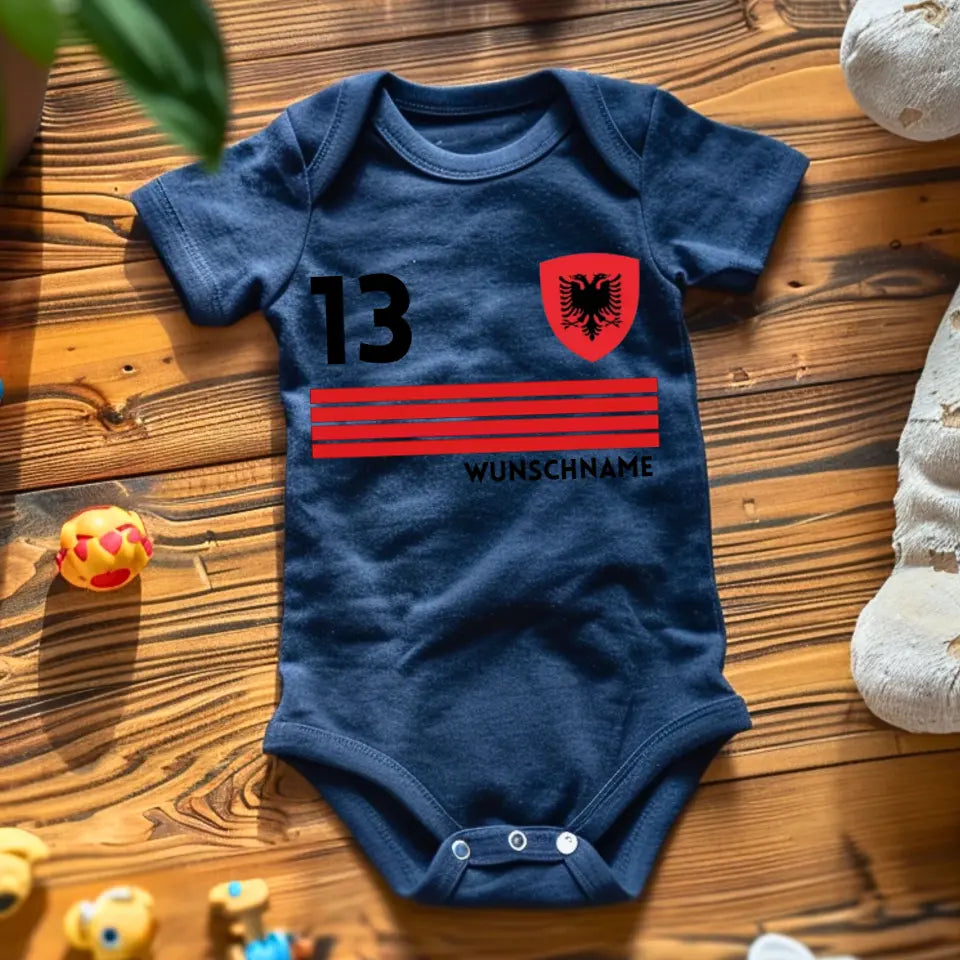 Voetbal Albanië - Gepersonaliseerd baby rompertje/rompertje, shirt met aanpasbare naam en nummer, babyrompertje van 100% biologisch katoen