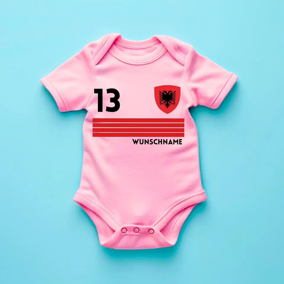 Voetbal Albanië - Gepersonaliseerd baby rompertje/rompertje, shirt met aanpasbare naam en nummer, babyrompertje van 100% biologisch katoen