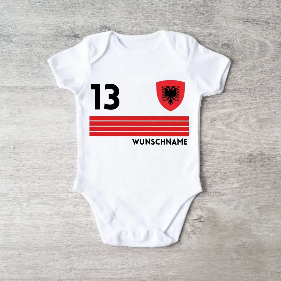 Voetbal Albanië - Gepersonaliseerd baby rompertje/rompertje, shirt met aanpasbare naam en nummer, babyrompertje van 100% biologisch katoen