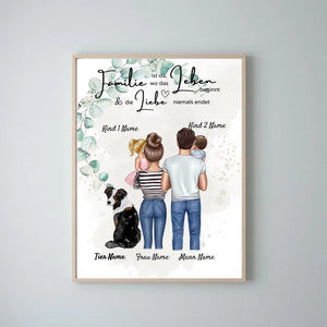 Affiche My Family - Affiche personnalisée (Parents avec 1-4 enfants + animaux de compagnie) 