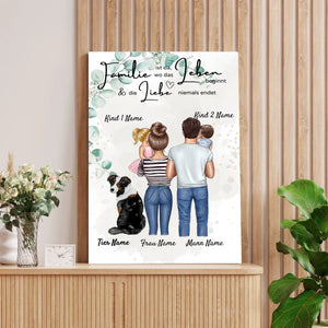 Affiche My Family - Affiche personnalisée (Parents avec 1-4 enfants + animaux de compagnie) 