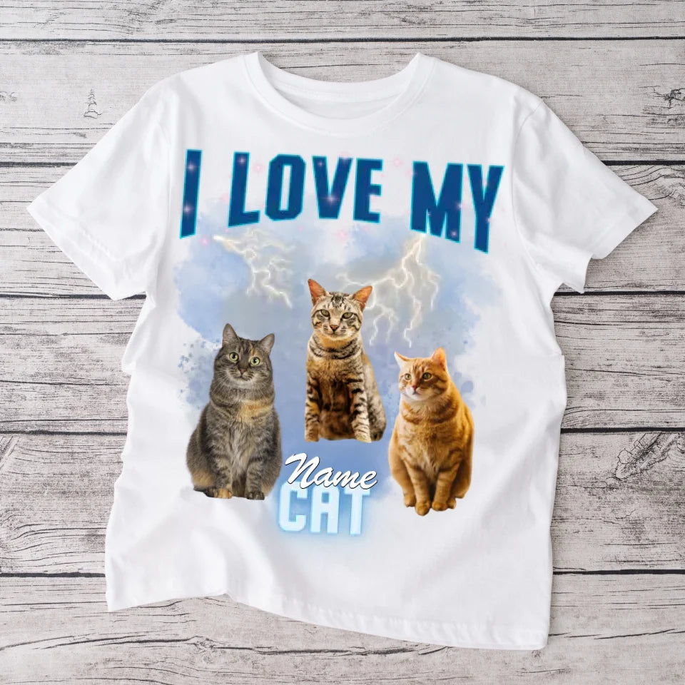 J'aime mon chat vintage des années 90 - T-shirt photo personnalisé (100% coton, unisexe)