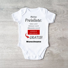 Charger l&#39;image dans la galerie, Baby Preisliste, Windeln wechseln gratis - Personalisierter Baby-Onesie/ Strampler, witziges Weihnachtsgeschenk, 100% Bio-Baumwolle
