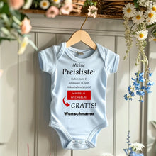 Charger l&#39;image dans la galerie, Baby Preisliste, Windeln wechseln gratis - Personalisierter Baby-Onesie/ Strampler, witziges Weihnachtsgeschenk, 100% Bio-Baumwolle
