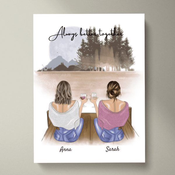 Meilleures amies/sœurs - Affiche personnalisée avec cadre (jusqu'à 4 personnes)