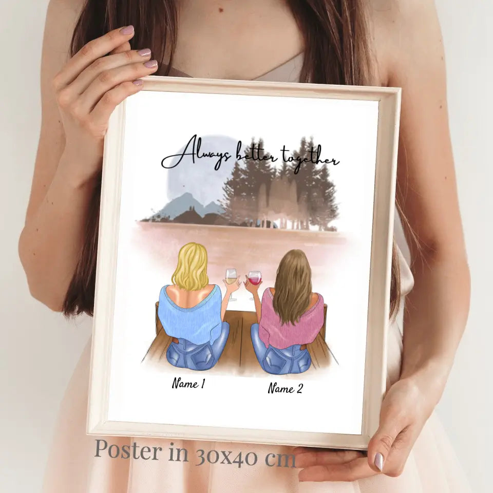 Meilleures amies/sœurs - Affiche personnalisée avec cadre (jusqu'à 4 personnes)