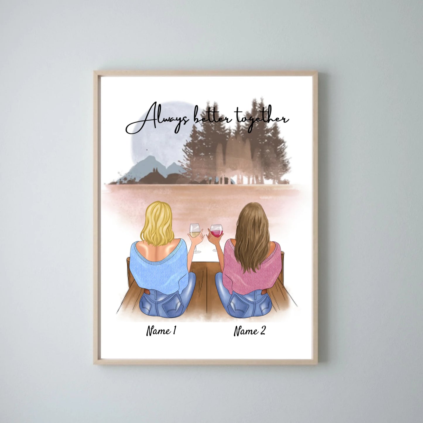 Meilleures amies/sœurs - Affiche personnalisée avec cadre (jusqu'à 4 personnes)