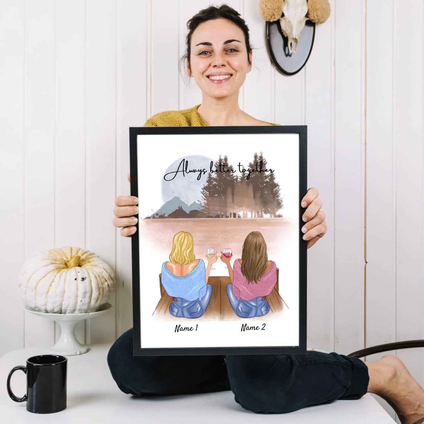 Meilleures amies/sœurs - Affiche personnalisée avec cadre (jusqu'à 4 personnes)