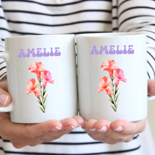 Tasse personnalisée avec fleur de naissance (fleur du mois de naissance, impression recto verso)