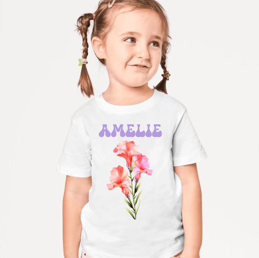 Gepersonaliseerd geboortebloem-T-shirt voor kinderen, studenten en de eerste schooldag (100% katoen)