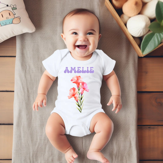 Ma fleur de naissance - Grenouillère/grenouillère personnalisée pour bébé, 100 % coton biologique