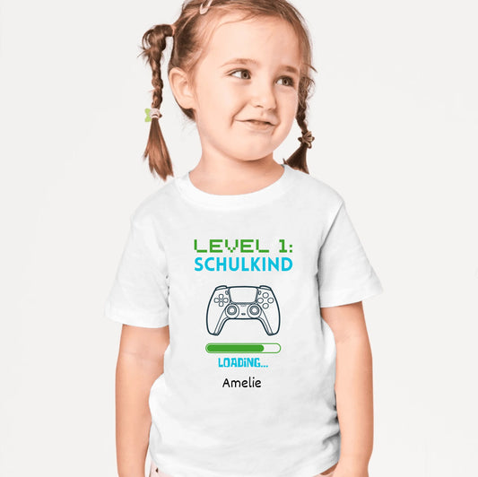 Niveau 1 Schoolkind - Gepersonaliseerd T-shirt voor kinderen voor hun eerste schooldag (100% katoen)