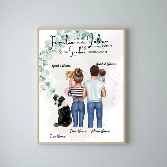 Affiche My Family - Affiche personnalisée (Parents avec 1-4 enfants + animaux de compagnie) 